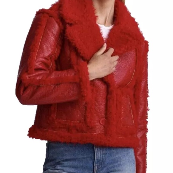 7 FOR ALL MANKIND Stella Red Vegan Leather Faux Shearling Cropped Jacket XS- NWT - Picture 3 of 6